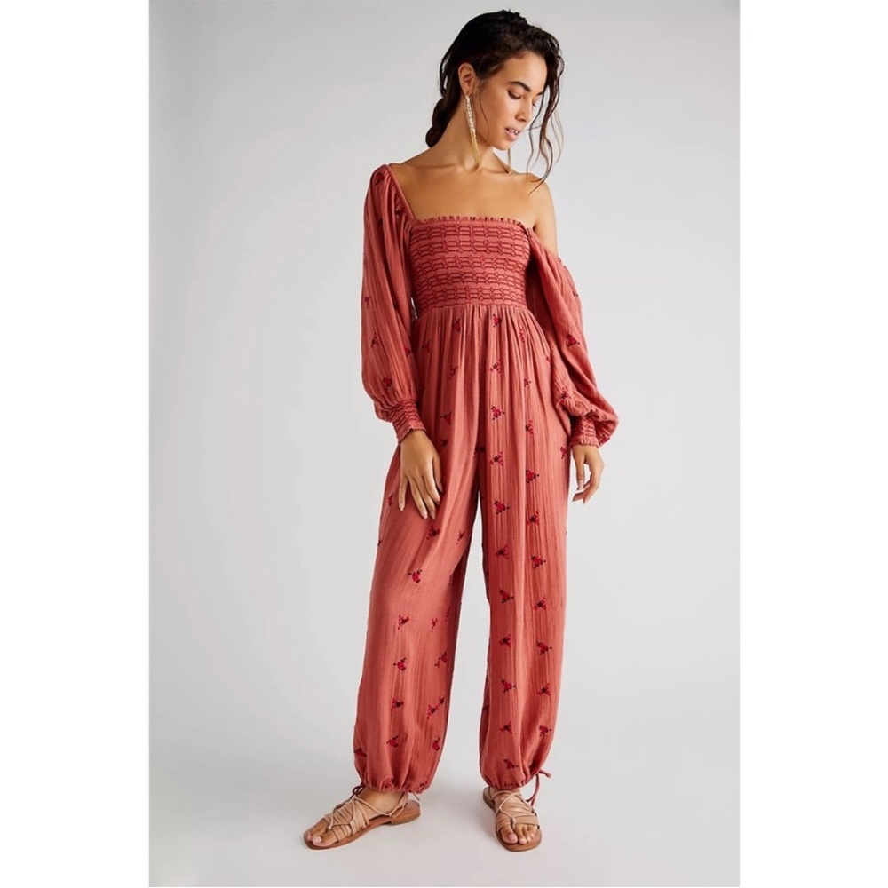 Free People Rust Red Smocked One-Shoulder Jumpsuit